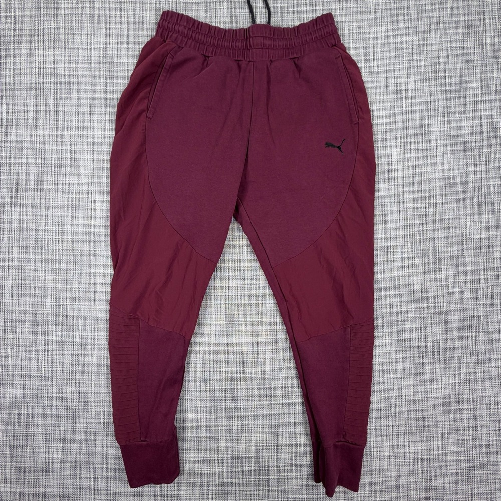 Puma Womens Small Burgundy Moto Ribbed Panel Joggers Stretch Drawstring Pants